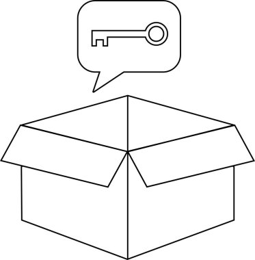 Üzerinde bir anahtar bulunan bir konuşma baloncuğu olan açık bir kutunun siyah beyaz çizimi bir çözüm öneriyor ya da potansiyel kilidi açıyor..
