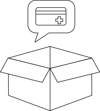 Sağlık hizmetlerini veya tıbbi malzemeleri sembolize eden, içinde tıbbi bir kart bulunan bir düşünce baloncuğu bulunan açık bir kutunun tasviri.