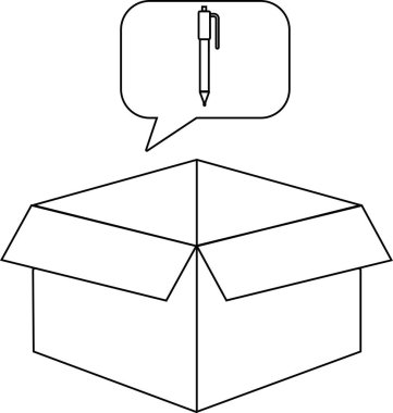 İçinde kalem olan ve yaratıcı fikirleri ve potansiyeli sembolize eden bir düşünce baloncuğu olan açık bir kutunun basit bir siyah beyaz çizimi..