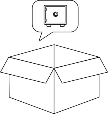 Basit bir çizim tarzında tasvir edilmiş, içinde güvenli bir düşünce baloncuğu olan bir açık kutu.