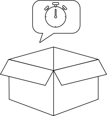 Zamanlayıcı simgesi içeren bir konuşma baloncuğu içeren açık bir kutunun basit bir çizgisi çizimi, hız ya da teslim süresi öneriyor.