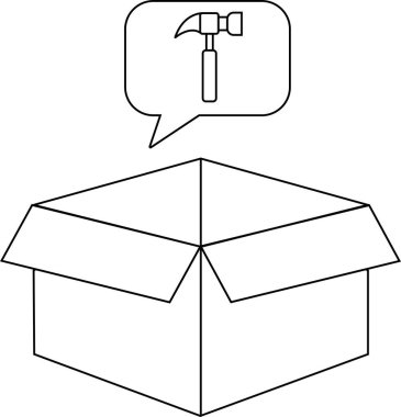 İçinde çekiç olan açık bir karton kutunun tasviri, inşaatı veya montajı öneriyor..
