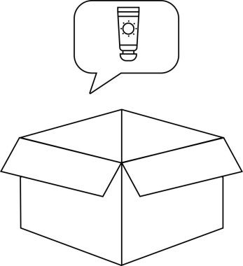 Güneş kremi illüstrasyonu içeren açık bir karton kutu, güneş koruması veya yazla ilgili öğeler öneriyor..