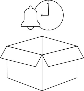 Açık bir kutunun üstündeki çan ve saatin tasviri, paket teslim uyarılarını ve planlanan varış zamanlarını simgeliyor.