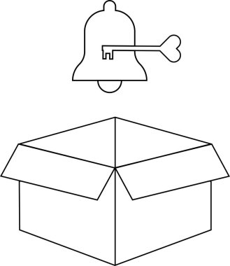Basit bir çizgi çizimi. İçinde anahtar ve açık kutu olan bir çan var. Minimalist bir tasarım yaratıyor..