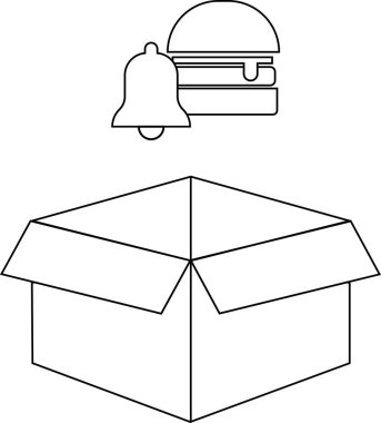 Bir hamburgerin basit bir çizgisi çizimi açık bir kutunun üzerinde uyarı zili ile yiyecek teslimatını veya sipariş bildirimlerini temsil ediyor..