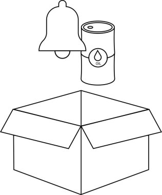 Bir çan, bir yağ tenekesi ve basit bir şekilde çizilmiş açık bir kutu içeren siyah beyaz bir illüstrasyon..