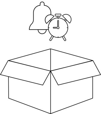 Paket teslimatı için bir uyarı sistemi tasvir eden basit bir çizgi çizimi, açık bir kutunun üzerinde bir çan ve alarm saati.