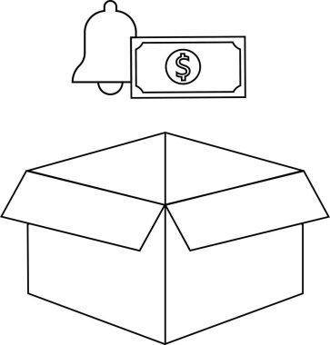 Üzerinde bir dolar banknotu ve uyarı zili olan açık bir kutunun basit bir siyah beyaz çizimi..
