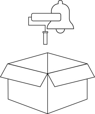 Açık bir karton kutunun üstündeki bildirim zilinin basit çizimi, beyaz üzerine izole edilmiş.