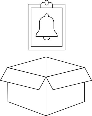 Pano üzerindeki bir uyarı çanı simgesi açık bir karton kutunun üzerine yerleştirilir ve ileti veya paketleme ile ilgili uyarı veya mesajların görsel bir temsilini oluşturur.