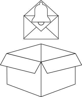 Uyarıları veya yeni içeriği sembolize eden, açık bir kutunun üzerindeki bir zarf içindeki bildirim zilinin basit bir çizgi çizimi.
