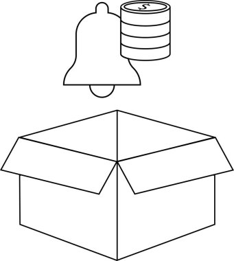 Açık bir kutunun üzerinde para yığını olan bir uyarı çanının basit bir siyah-beyaz çizimi, finansal uyarılar veya fırsatlar mesajı iletiyor.
