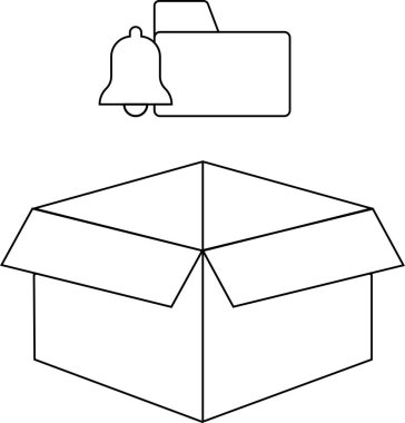 Uyarı ve depolama kavramlarını ileten, açık bir kutunun üzerine yerleştirilmiş bir bildirim dizini simgesinin basit bir çizimi.