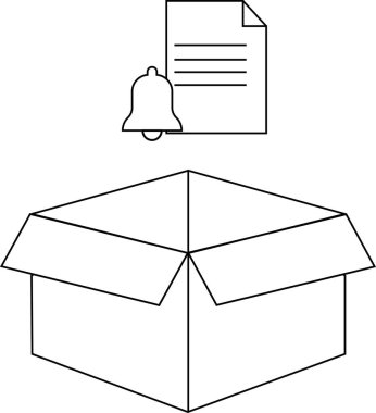 Açık bir kutunun üzerinde çeşitli tasarım amaçları için uygun bir bildirim simgesinin basit bir çizgi çizimi.