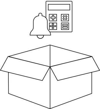 Üzerinde çan ve hesap makinesi yüzen açık bir kutunun çizgi çizimi..