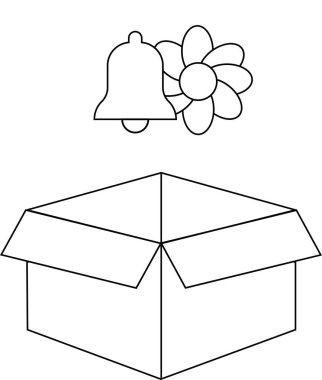 Üzerinde bir çan ve çiçek olan açık bir kutunun basit bir siyah beyaz çizimi boyama sayfaları için uygundur..