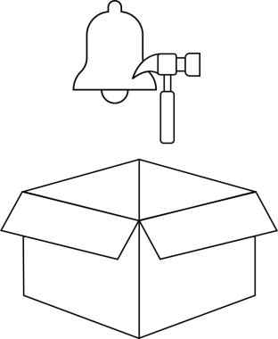Üzerinde çan ve çekiç simgesi olan, çeşitli tasarım amaçları için uygun, açık bir kutunun basit siyah beyaz çizimi.