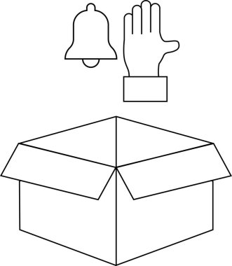 Üzerinde çan ve el simgesi olan açık bir kutunun basit bir siyah beyaz çizimi..