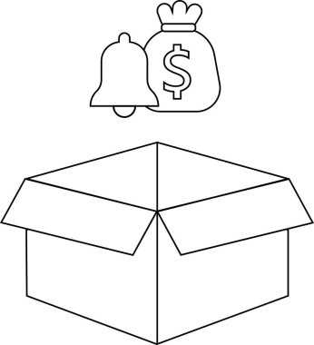 Üzerinde bir çan ve para çantası yüzen açık bir kutunun basit bir siyah beyaz çizimi..
