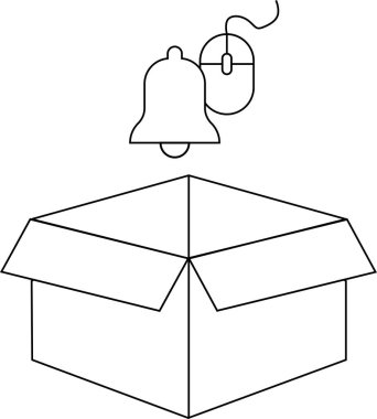 Üzerinde çan ve bilgisayar fare simgesi olan, çeşitli tasarım amaçları için uygun, açık bir kutunun basit bir siyah beyaz çizimi.