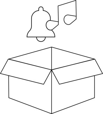 Üzerinde çan ve müzik notası olan, çeşitli yaratıcı projeler için uygun, açık bir kutunun basit siyah beyaz çizimi.