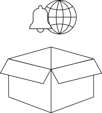 Açık bir kutu, bir küre ve bir çan simgesinin yer aldığı basit bir çizgi çizimi. Bildirimler, küresel ulaşım veya dağıtım gibi kavramlar için mükemmel..