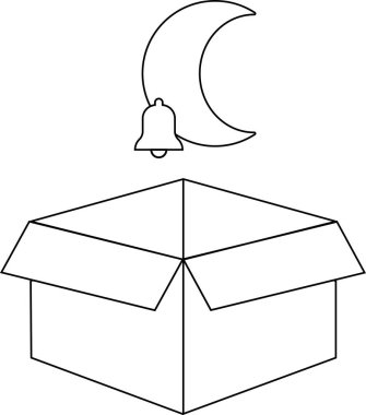 Açık bir kutu, hilal ve çan içeren basit bir siyah beyaz çizim. Çeşitli yaratıcı projeler için mükemmel..