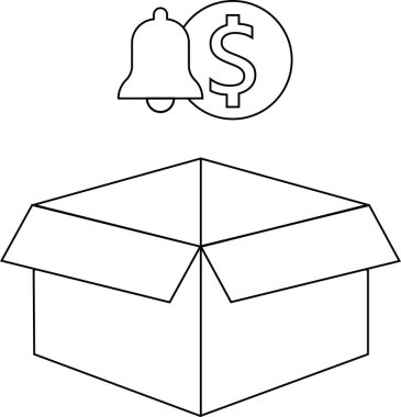 Üzerinde bir uyarı zili ve dolar işareti olan açık bir kutu tasviri bir anlaşma ya da promosyon öneriyor..