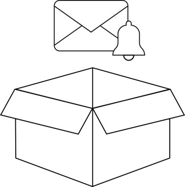Zarf ve uyarı çanı simgesi ile birlikte açık bir kutu içeren, yeni ileti veya ögeleri sembolize eden minimalist bir çizgi çizimi.