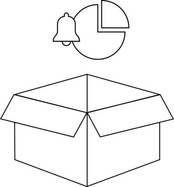 Tebligat çanı ve pasta grafiği simgesi ile açık bir kutunun minimalist çizgi çizimi, uyarıları veya güncellemeleri simgeler.