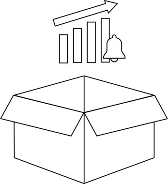 Üzerinde yükselen grafik ve uyarı çanı olan açık bir kutunun çizgi çizimi büyümeyi ve uyarıları simgeliyor..