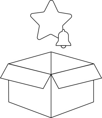 Üzerinde yıldız ve çan uyarısı olan açık bir kutunun basit bir siyah beyaz çizimi.