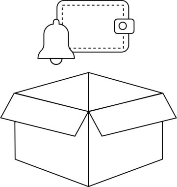 Üzerinde cüzdan ve uyarı zili olan, çeşitli tasarım amaçları için uygun açık bir kutunun basit bir çizgisi çizimi.