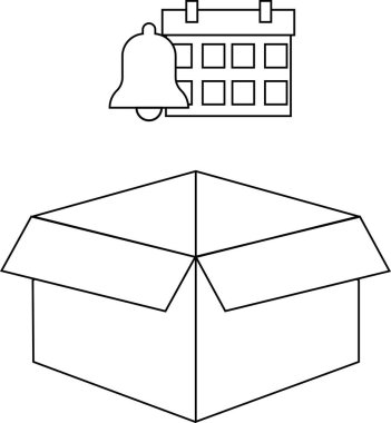 Açık bir kutunun üzerinde çan simgesi olan bir takvimin basit bir satır çizimi, bir dağıtım veya planlanmış olay için bir anımsatıcıyı simgeler.