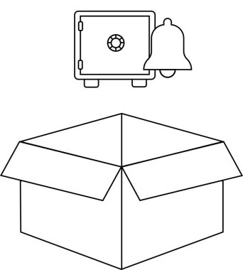 Açık bir kutunun üzerinde çan olan bir kasanın siyah ve beyaz tasviri. Renklendirme veya tasarım elementleri için uygun..