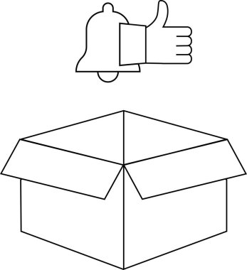 Uyarı zili olan açık bir kutunun yer aldığı minimalist bir çizgi çizimi, boks ve pozitif geri bildirim simgelerini simgeleyen, başparmağıyla işaret ediyor..