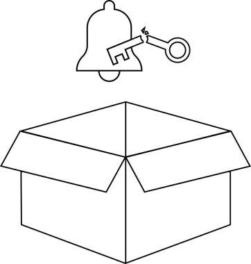 Açık bir kutunun üstündeki çan ve anahtarın siyah beyaz çizimi, potansiyeli ya da sürprizleri simgeliyor..