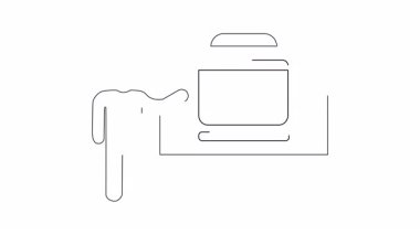 Bir bilgisayar ekranını sunan kişinin basit bir çizgi çizimi, eğitim veya iş içeriği için ideal bir beyaz tahta üzerinde görüntülenir.