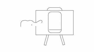 Bir beyaz tahta üzerinde mobil uygulama tasarımı sunan bir kişinin basit bir çizgi çizimi. Teknoloji, tasarım ve sunumlar için ideal.