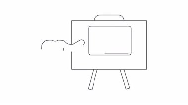 İş ve eğitim içeriği için ideal, beyaz tahtada evrak çantası simgesi olan bir dizüstü bilgisayarı sunan bir kişinin basit bir çizimi.