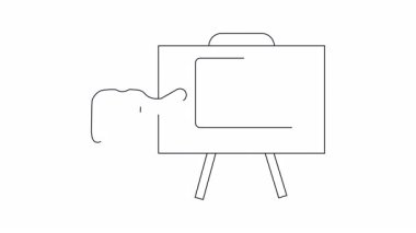 Ekranda elma logosu olan bir dizüstü bilgisayarı sunan birinin basit bir çizgi çizimi, beyaz bir arkaplana karşı ayarlanmış..