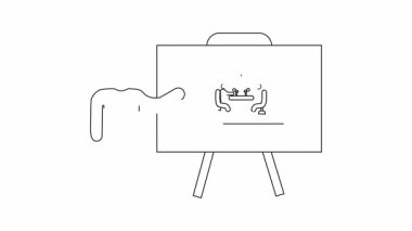 Bir masada işbirliği yapan, takım çalışmasını ve iletişimi sembolize eden iki figürlü bir slayt sunan bir kişinin basit bir çizgi çizimi.