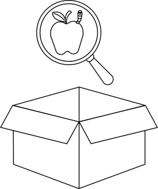 Büyüteç altında solucan olan bir elmanın çizimi, açık bir kutunun üzerine yerleştirilmiş..