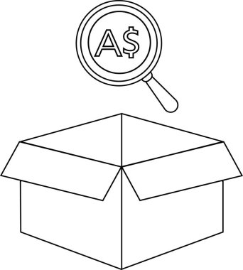 Açık bir kutunun üzerinde Avustralya dolarının sembolü olan bir büyüteç içeren, mali soruşturmayı veya keşfi sembolize eden bir çizgi çizimi..