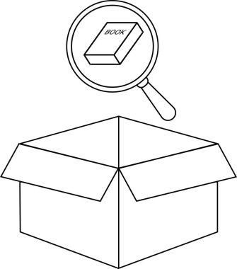 Bir kutuda büyüteçle aranan bir kitabın basit bir çizimi.