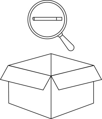 Üzerinde büyüteç olan açık bir kutunun basit bir çizimi arama veya araştırmayı simgeliyor..