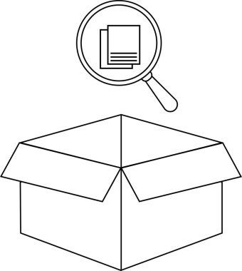 Üzerinde arama ve keşfi temsil eden belgeleri inceleyen bir büyüteç bulunan açık bir kutunun basit bir siyah beyaz çizgisi..