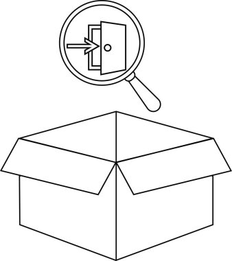 Üzerinde büyüteç olan açık bir kutunun kapı giriş sembolü üzerine odaklanmış siyah beyaz bir çizimi..