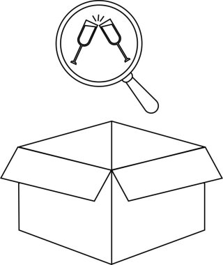 Bir büyüteç açık bir kutunun üstündeki tost bardaklarına odaklanır, kutlama, keşif ve gizli sürprizleri sembolize eder..